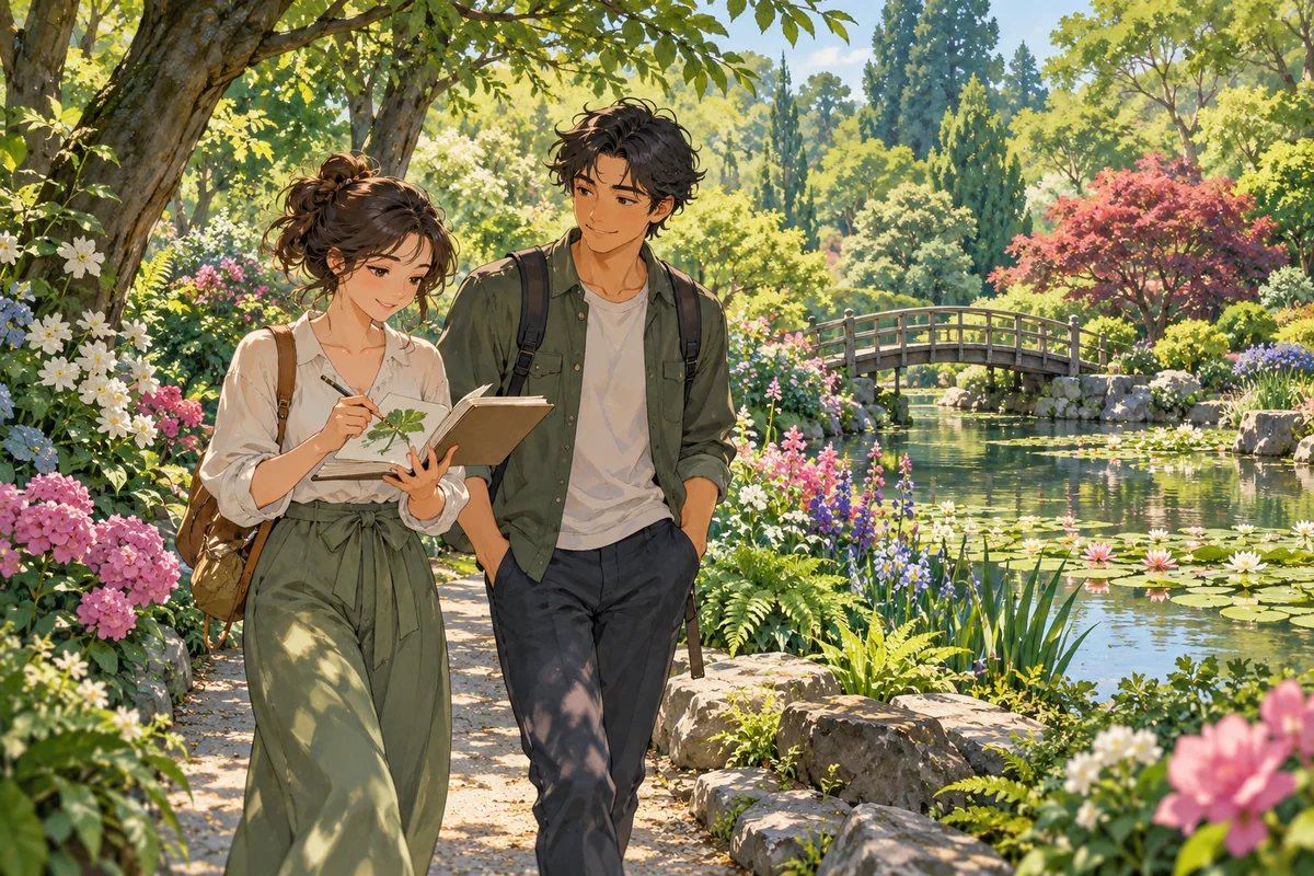 Travelers sketch plants beside a pond in a lush botanic garden.