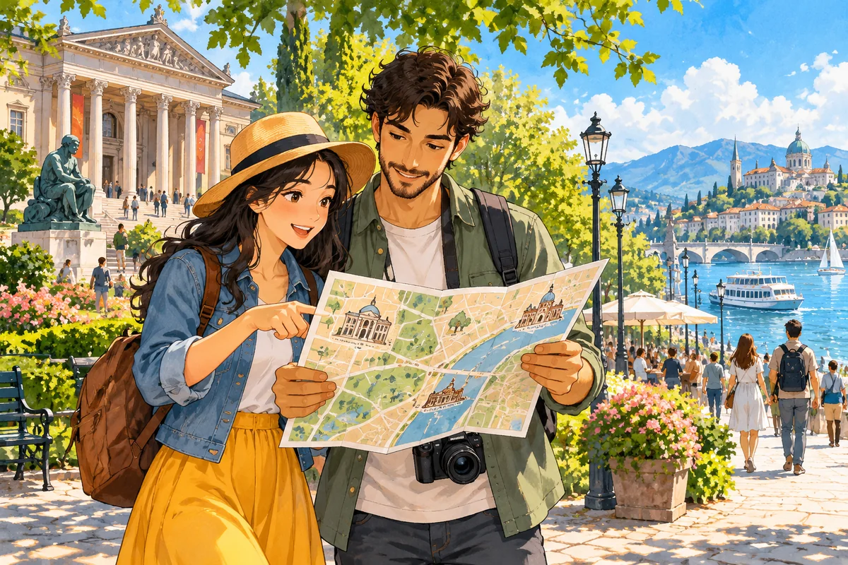 Travelers compare a paper map in a leafy city park near a museum and waterfront.